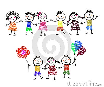 Various kids and balloons on a white background. Children`s drawing. Vector Vector Illustration